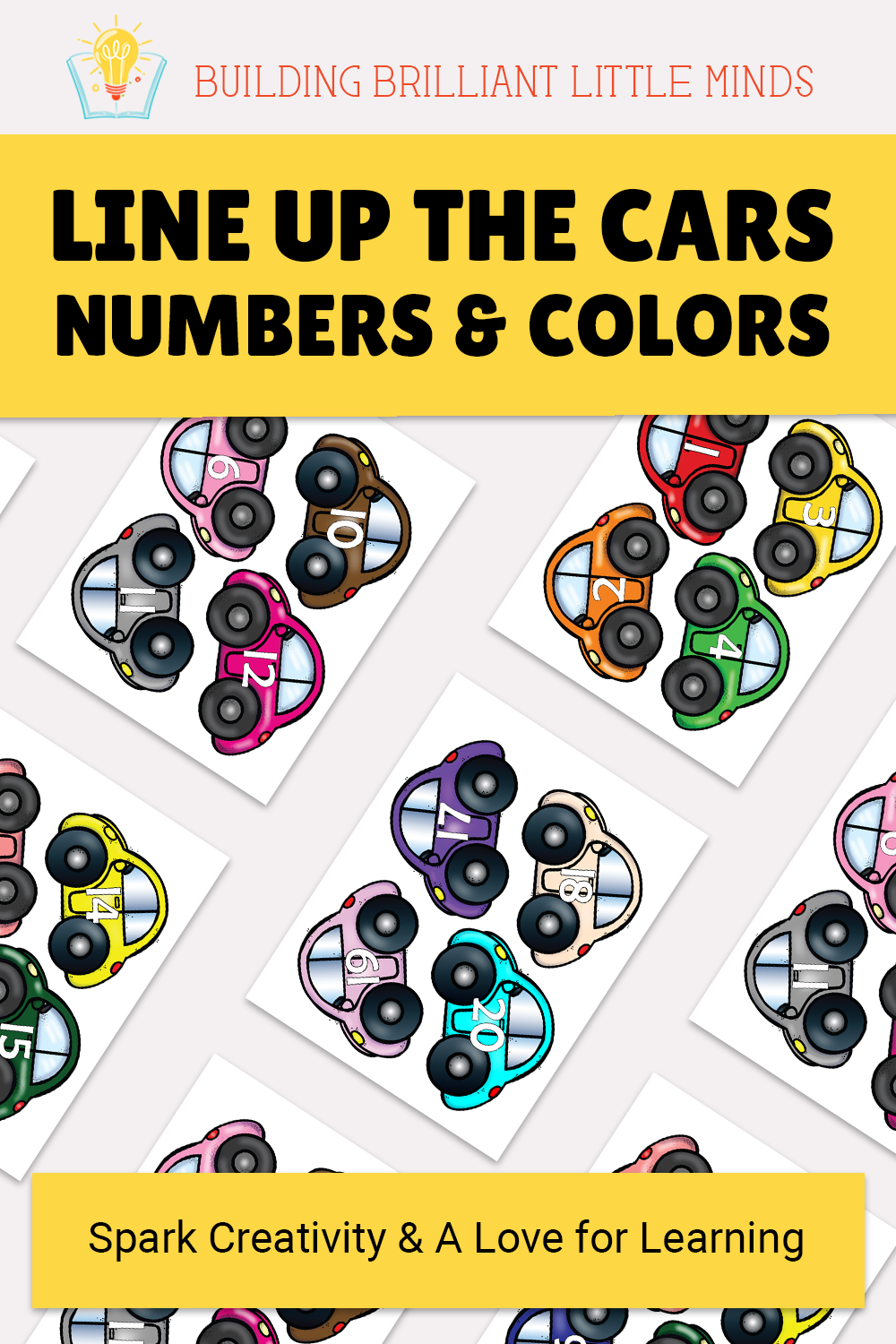 Line Up the Cars - Numbers & Colors printable preschool activity Building Brilliant Little Minds